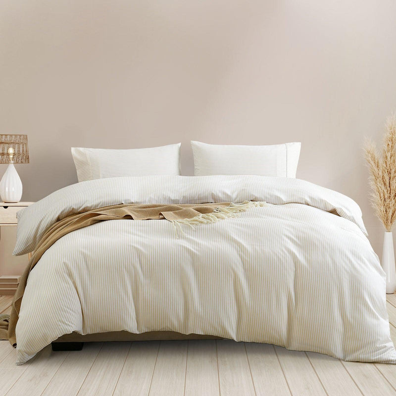 Royal Comfort Striped Flax Linen Blend Quilt Cover Set Soft Touch Bedding - Queen - Beige - John Cootes