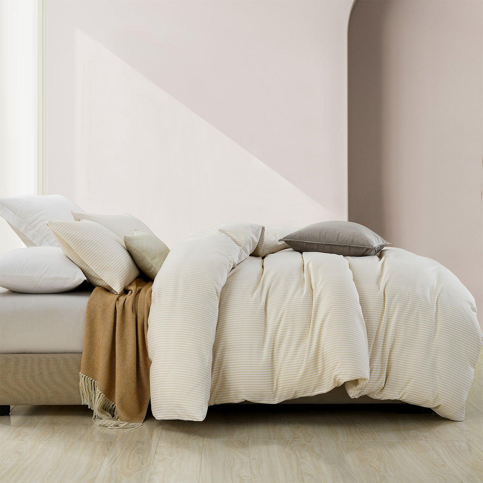 Royal Comfort Striped Flax Linen Blend Quilt Cover Set Soft Touch Bedding - Queen - Beige - John Cootes