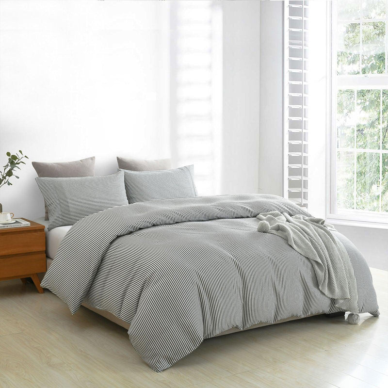 Royal Comfort Striped Flax Linen Blend Quilt Cover Set Soft Touch Bedding - Queen - Charcoal - John Cootes