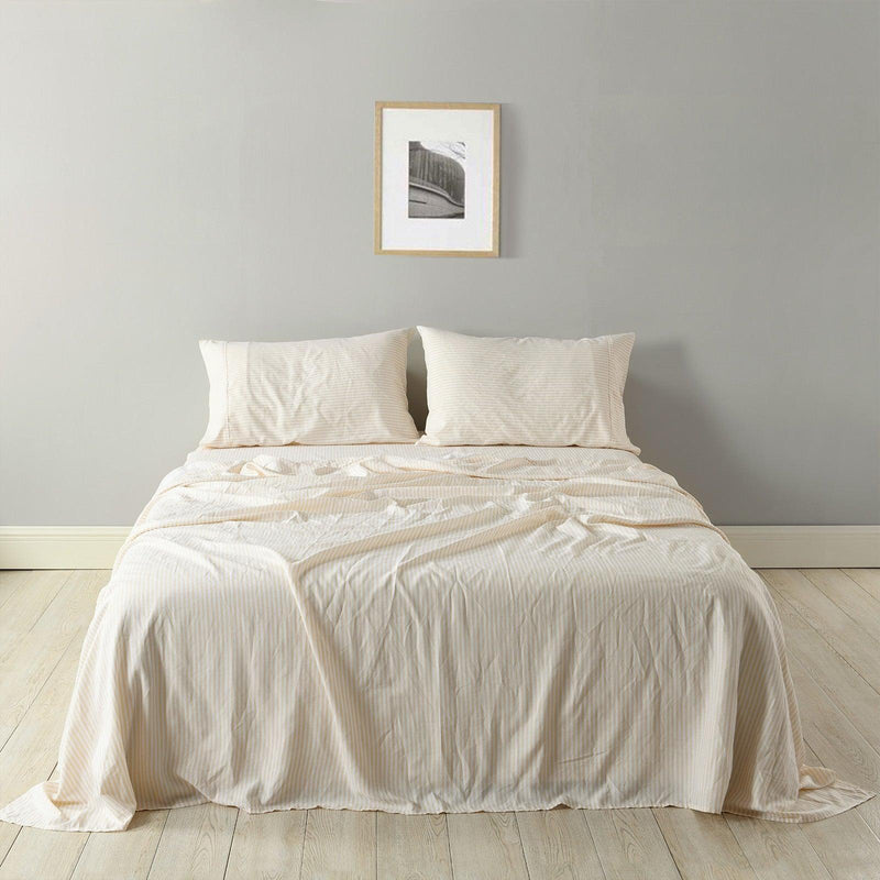 Royal Comfort Stripes Linen Blend Sheet Set Bedding Luxury Breathable Ultra Soft - King - Beige - John Cootes