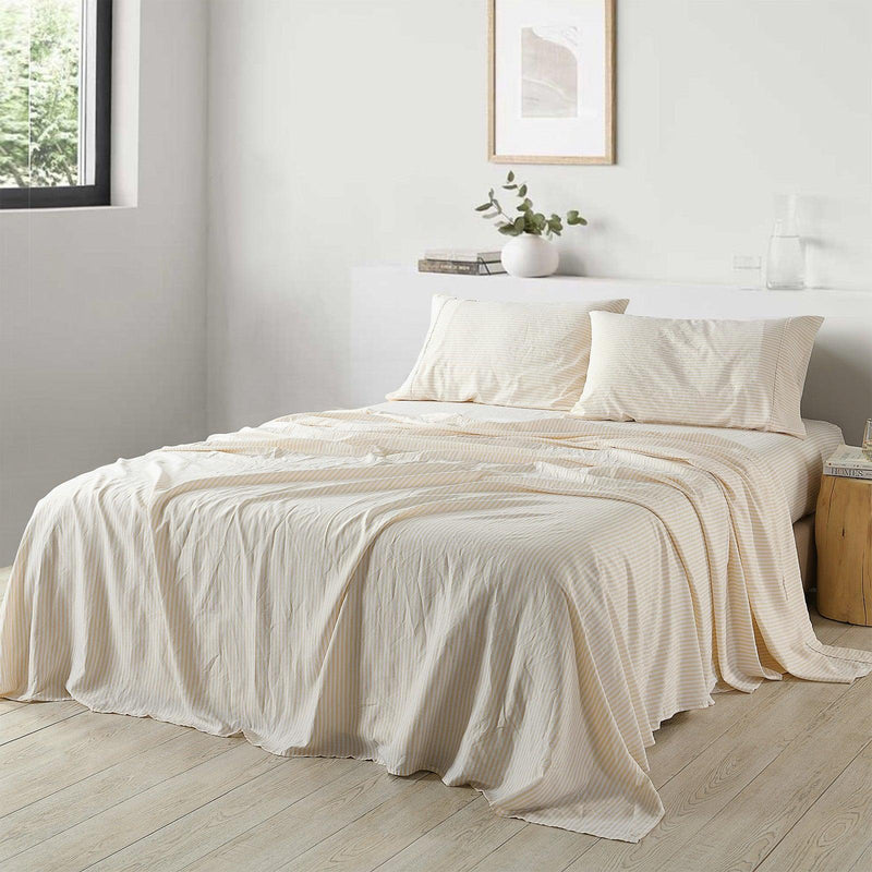 Royal Comfort Stripes Linen Blend Sheet Set Bedding Luxury Breathable Ultra Soft - King - Beige - John Cootes