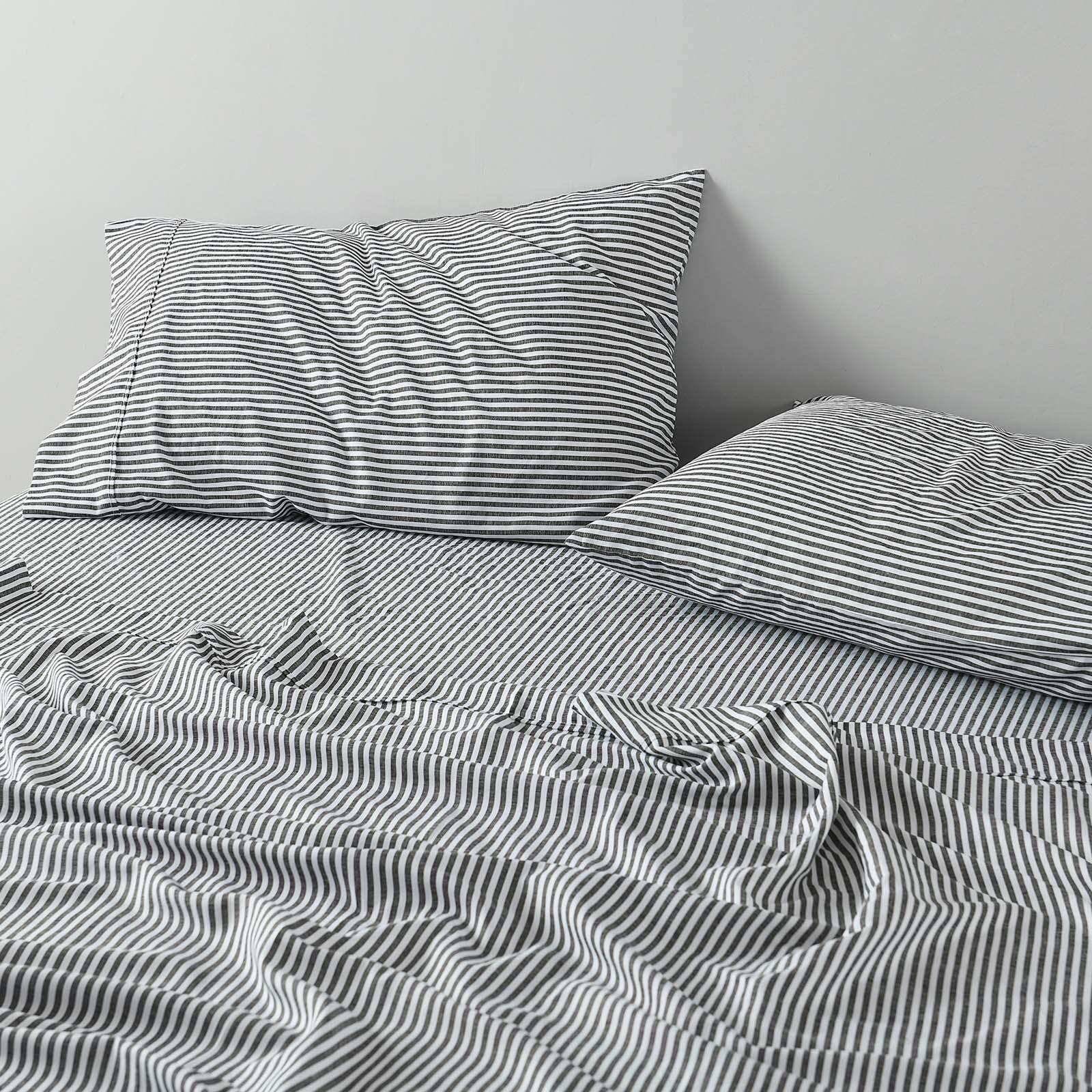 Royal Comfort Stripes Linen Blend Sheet Set Bedding Luxury Breathable Ultra Soft - King - Charcoal - John Cootes