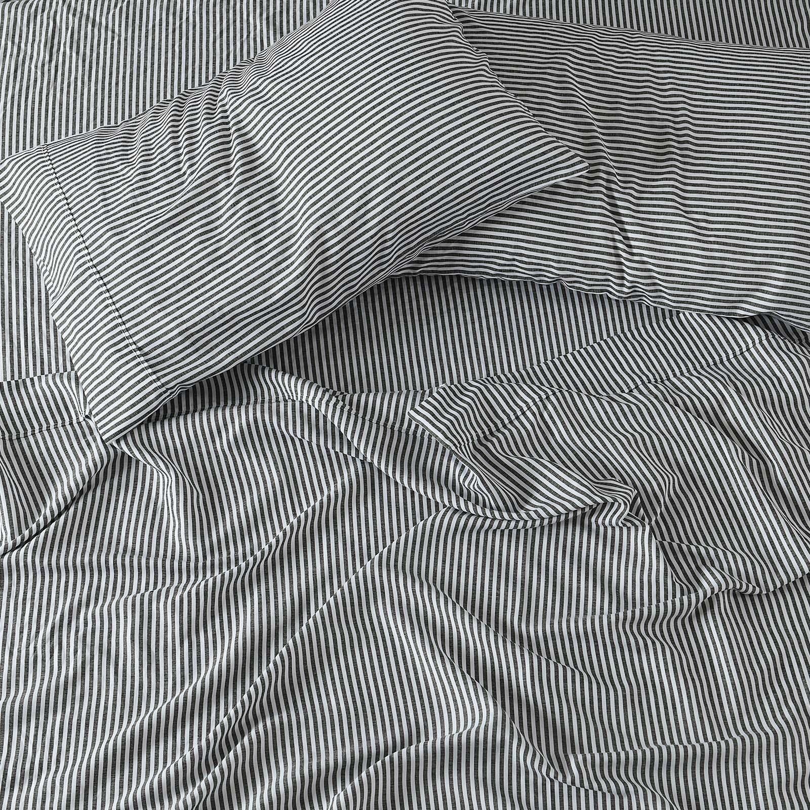 Royal Comfort Stripes Linen Blend Sheet Set Bedding Luxury Breathable Ultra Soft - King - Charcoal - John Cootes