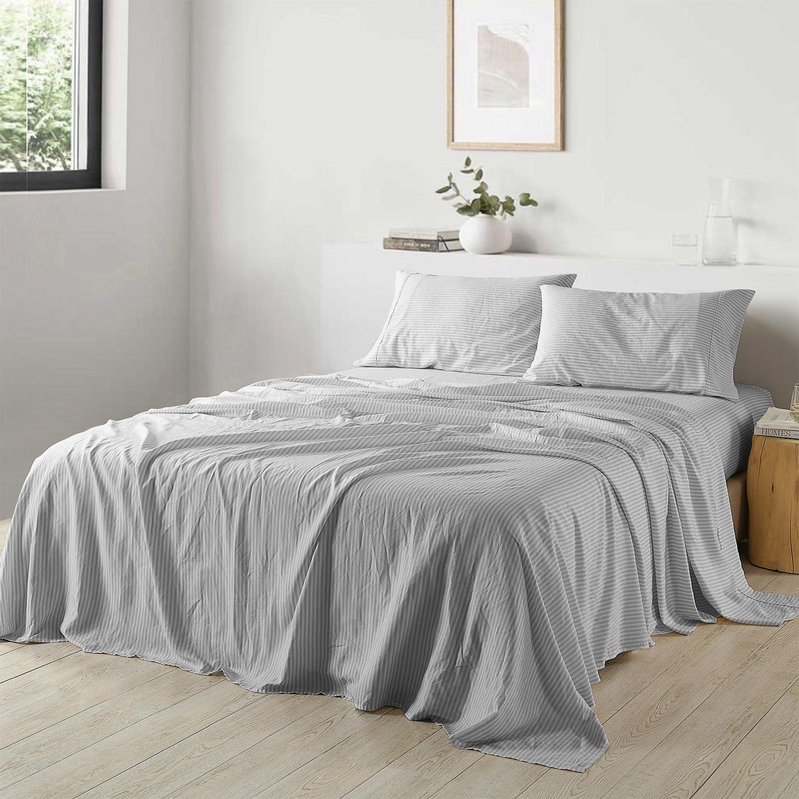 Royal Comfort Stripes Linen Blend Sheet Set Bedding Luxury Breathable Ultra Soft - King - Grey - John Cootes