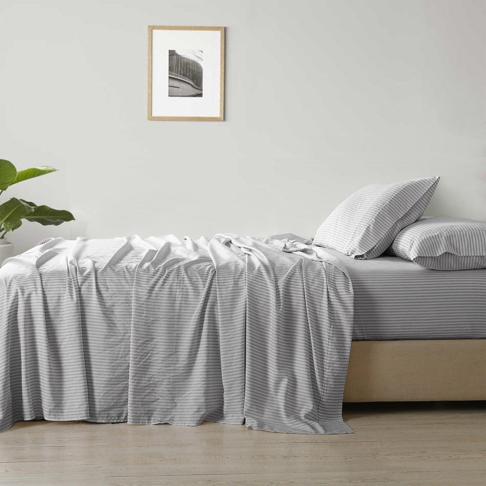 Royal Comfort Stripes Linen Blend Sheet Set Bedding Luxury Breathable Ultra Soft - King - Grey - John Cootes