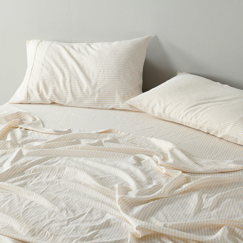 Royal Comfort Stripes Linen Blend Sheet Set Bedding Luxury Breathable Ultra Soft - Queen - Beige - John Cootes