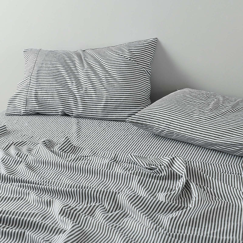 Royal Comfort Stripes Linen Blend Sheet Set Bedding Luxury Breathable Ultra Soft - Queen - Charcoal - John Cootes