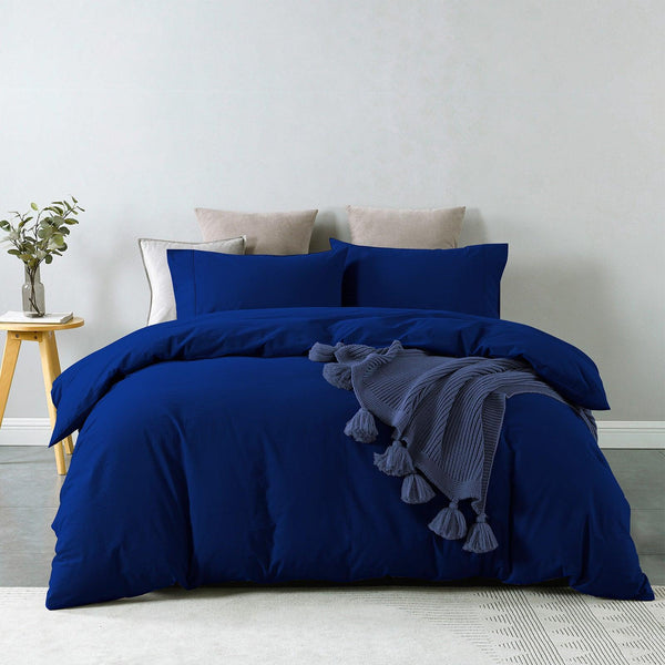 Royal Comfort Vintage Washed 100% Cotton Quilt Cover Set Bedding Ultra Soft - Queen - Royal Blue - John Cootes