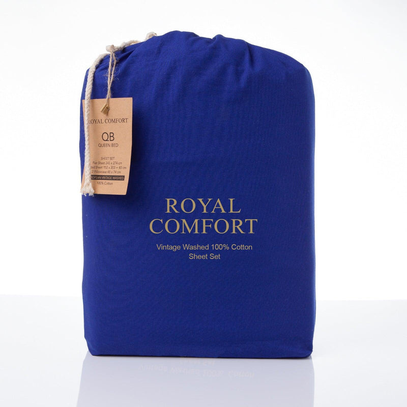 Royal Comfort Vintage Washed 100% Cotton Sheet Set Fitted Flat Sheet Pillowcases - Queen - Royal Blue - John Cootes