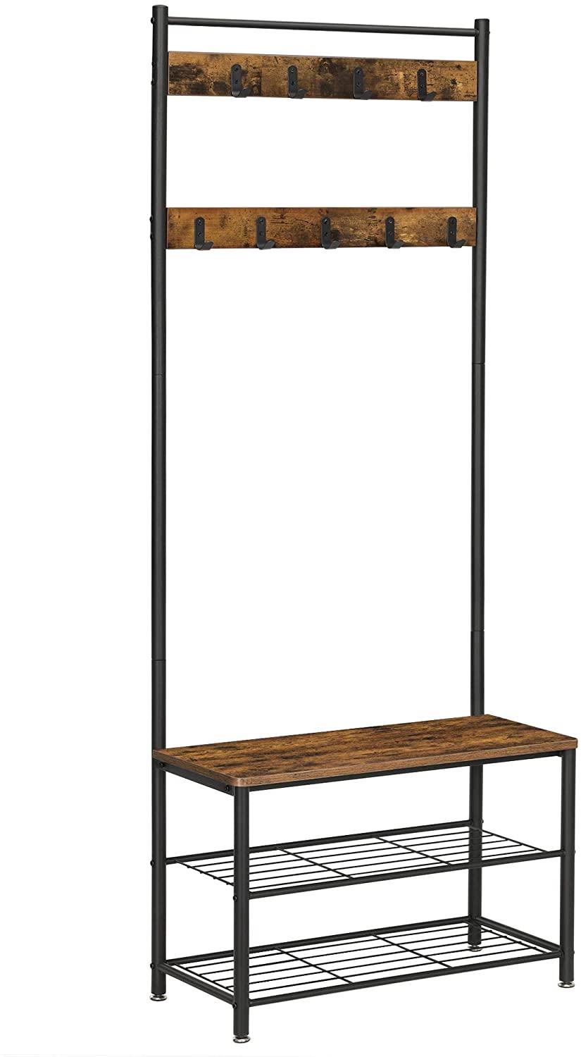 Rustic Brown Coat Rack Stand with Hallway Shoe Rack and Bench with Shelves Matte Metal Frame Height 175 cm - John Cootes