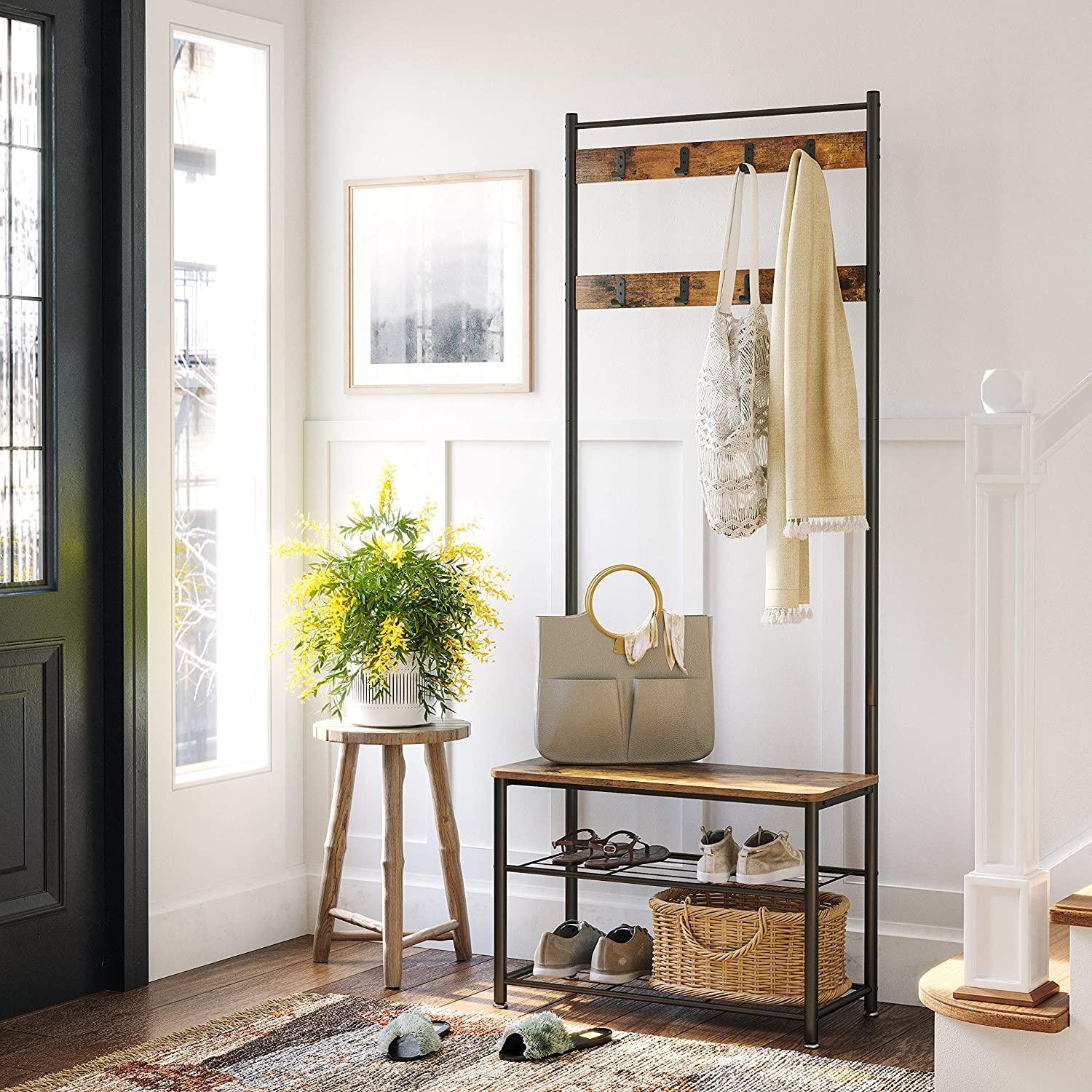 Rustic Brown Coat Rack Stand with Hallway Shoe Rack and Bench with Shelves Matte Metal Frame Height 175 cm - John Cootes