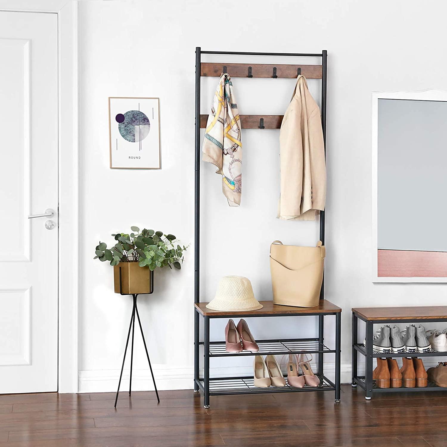 Rustic Brown Coat Rack Stand with Hallway Shoe Rack and Bench with Shelves Matte Metal Frame Height 175 cm - John Cootes