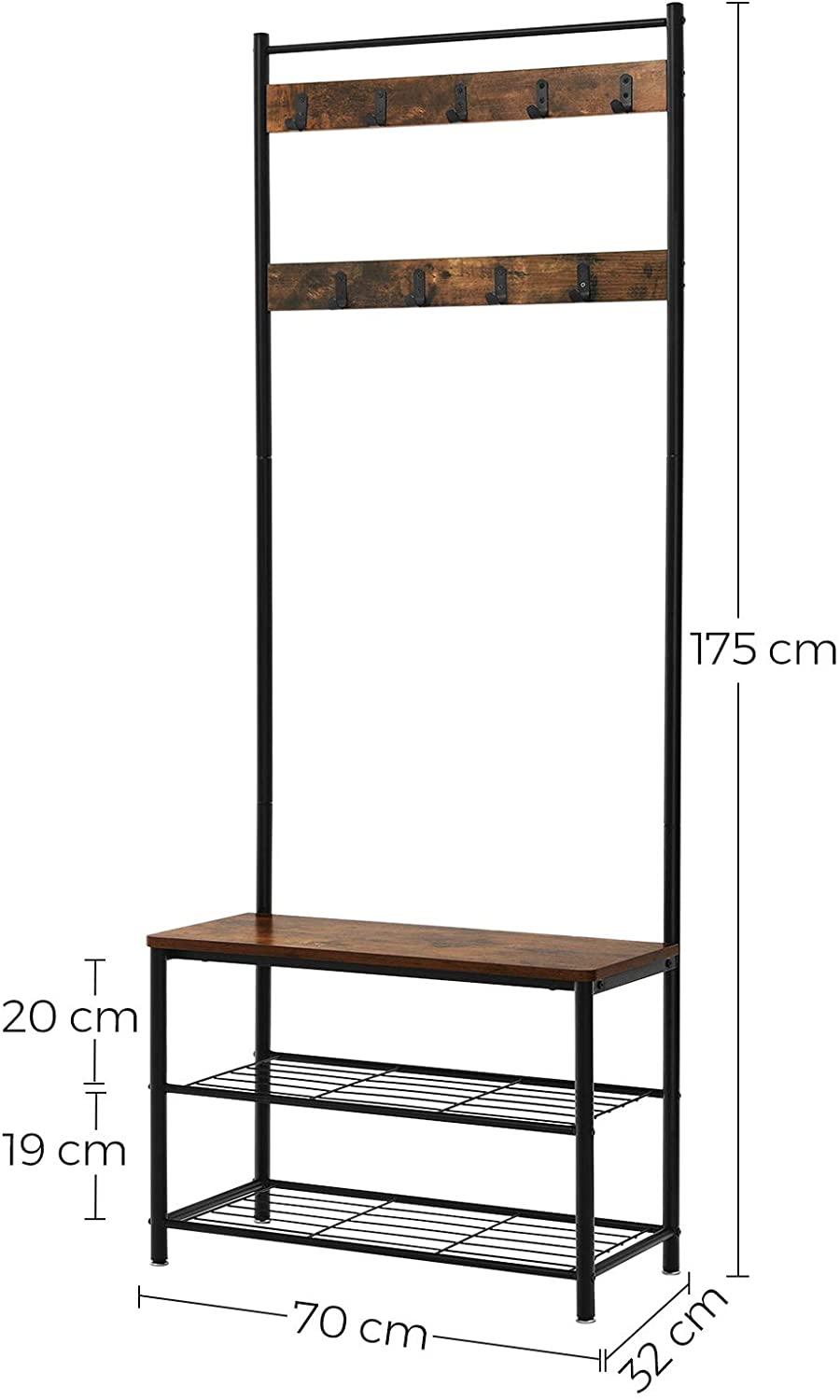 Rustic Brown Coat Rack Stand with Hallway Shoe Rack and Bench with Shelves Matte Metal Frame Height 175 cm - John Cootes