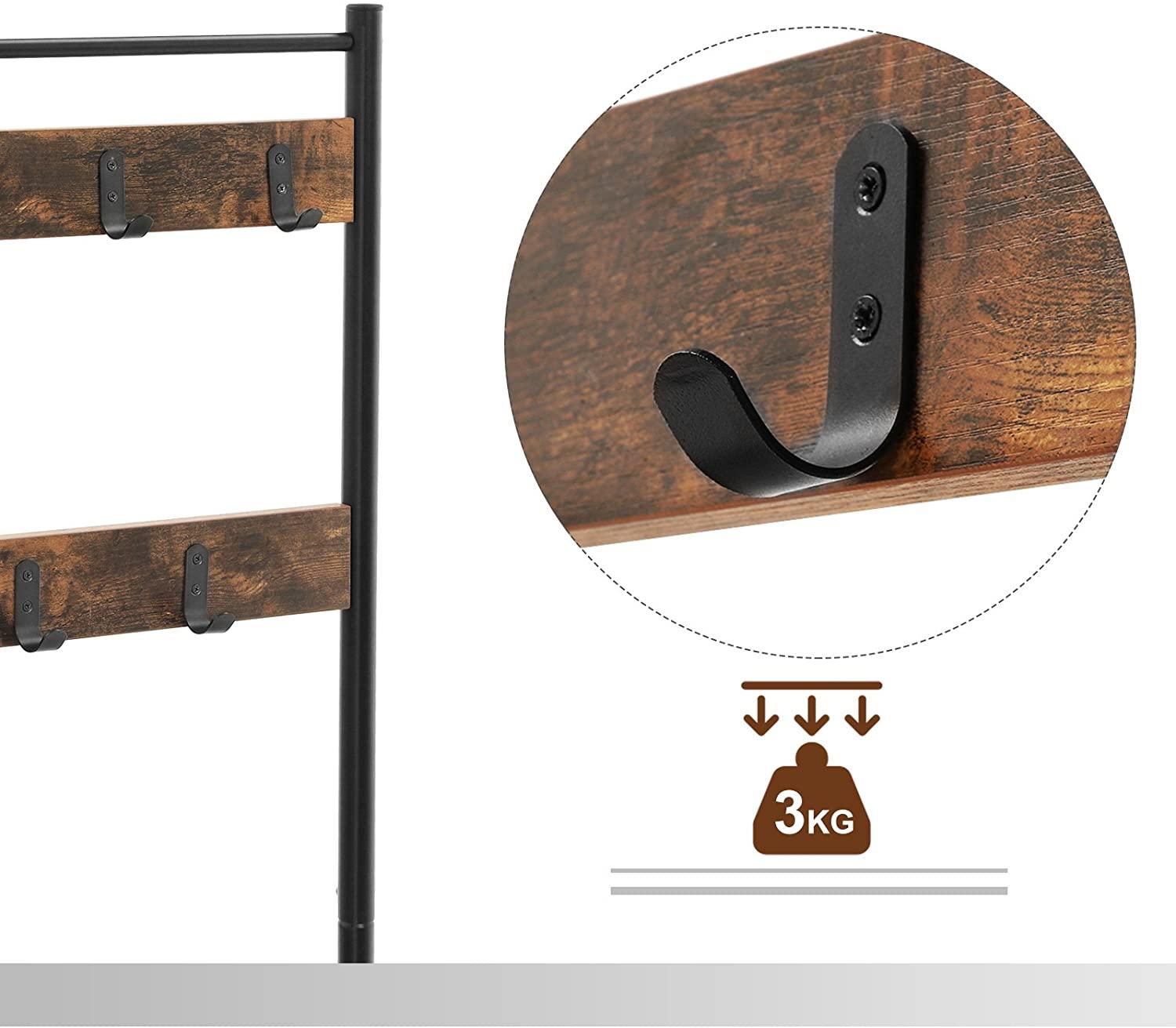 Rustic Brown Coat Rack Stand with Hallway Shoe Rack and Bench with Shelves Matte Metal Frame Height 175 cm - John Cootes