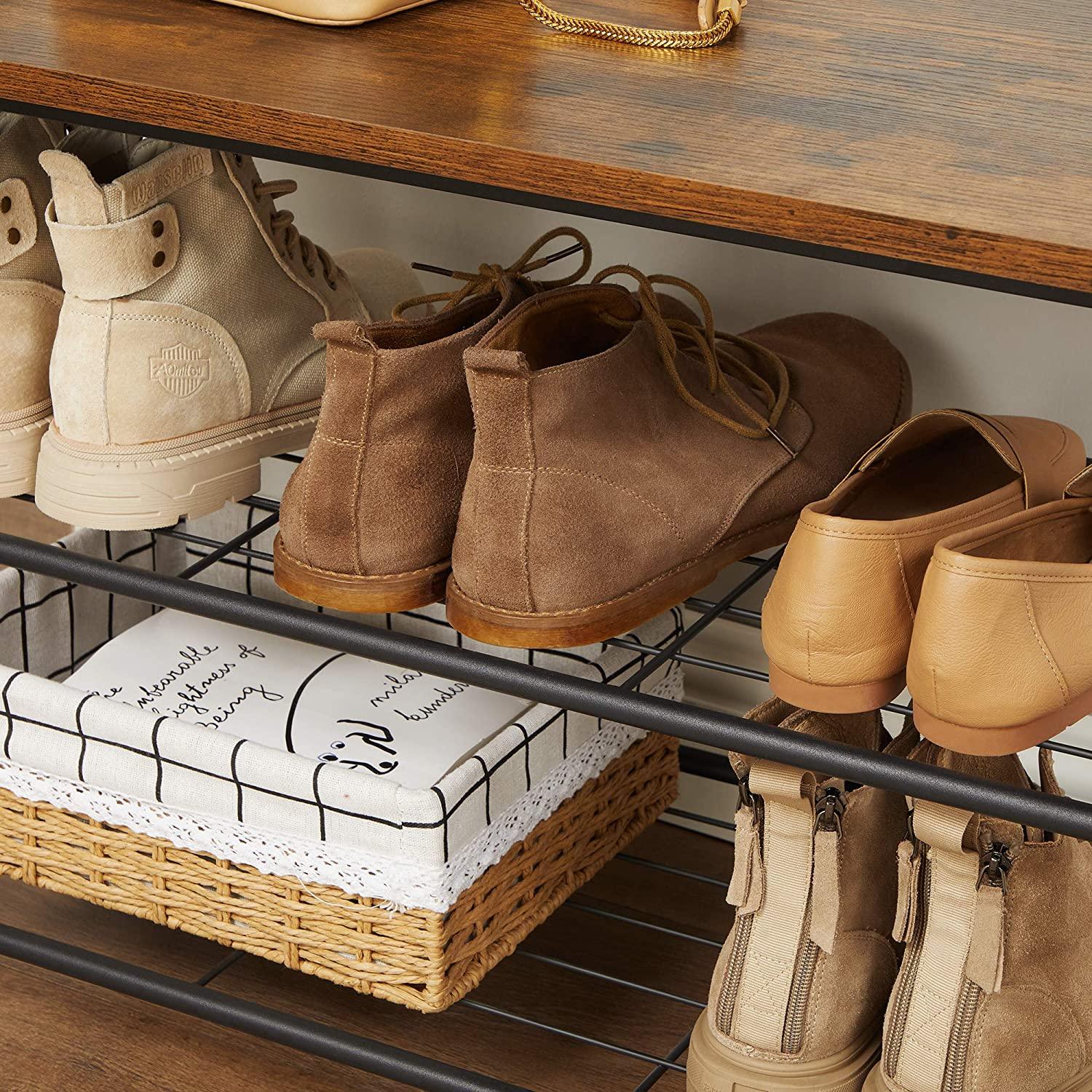 Rustic Brown Coat Rack Stand with Hallway Shoe Rack and Bench with Shelves Matte Metal Frame Height 175 cm - John Cootes