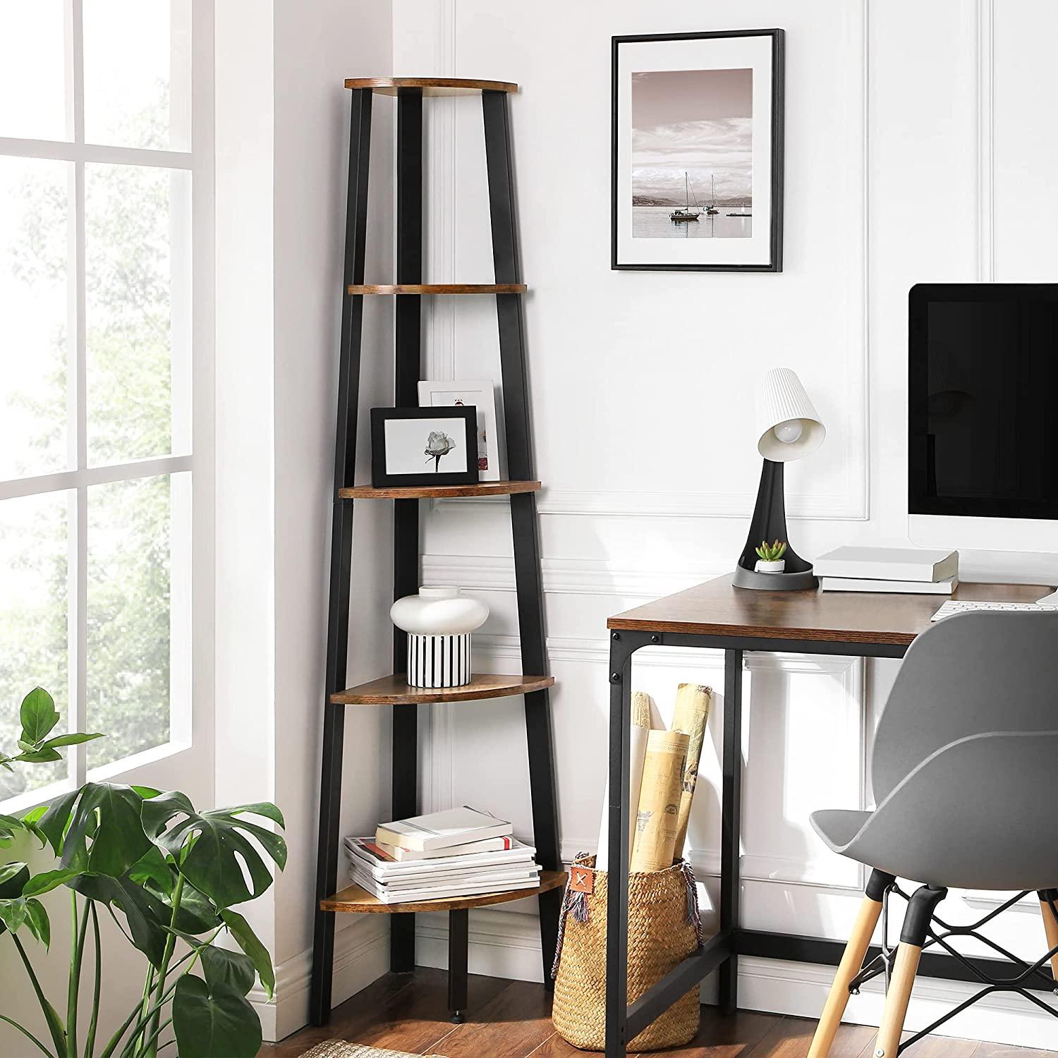 Rustic Brown Metal Frame 5 Tier Corner Shelf - John Cootes