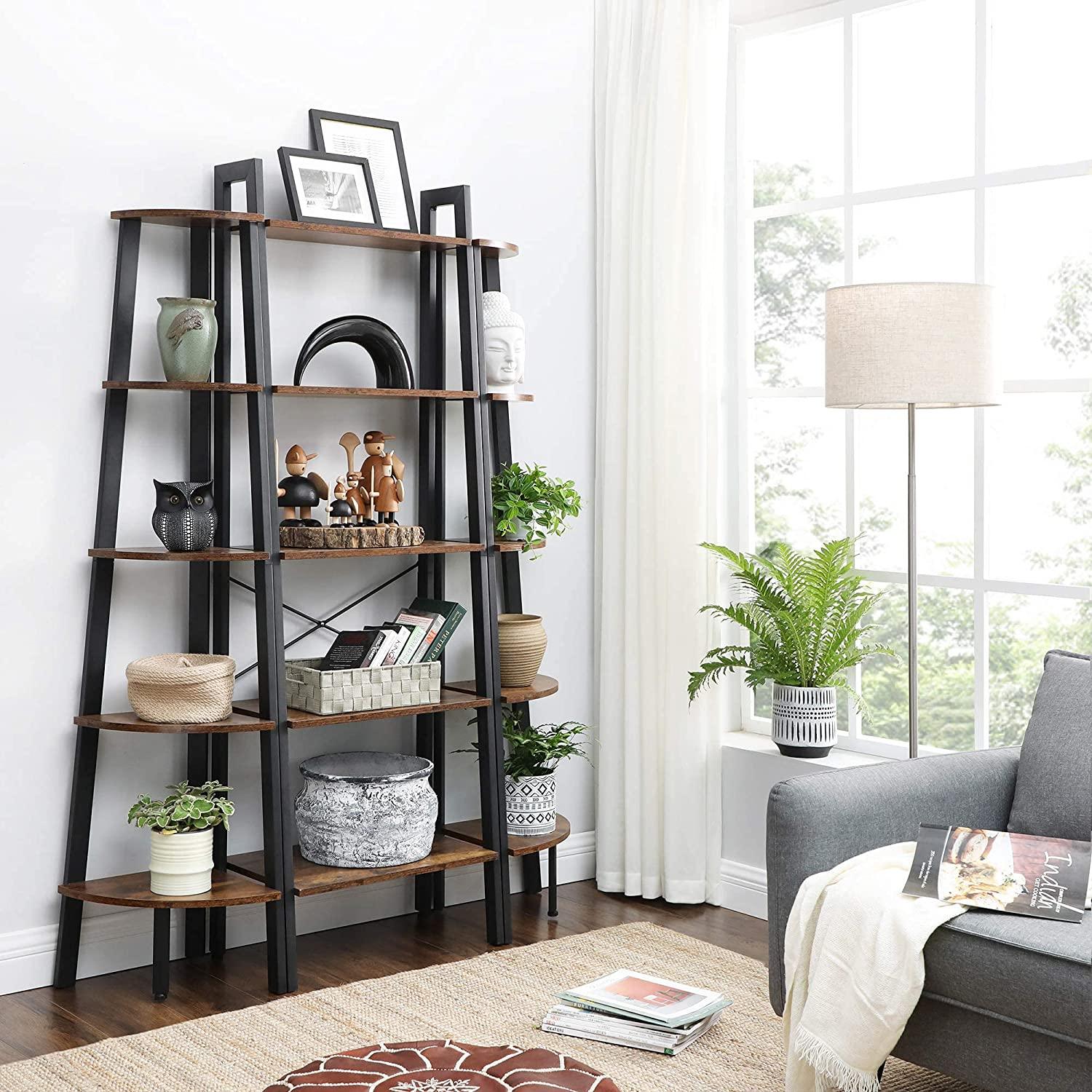 Rustic Brown Metal Frame 5 Tier Corner Shelf - John Cootes