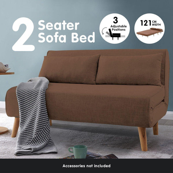 Sarantino 2-Seater Adjustable Sofa Bed Lounge Faux Linen - Brown - John Cootes