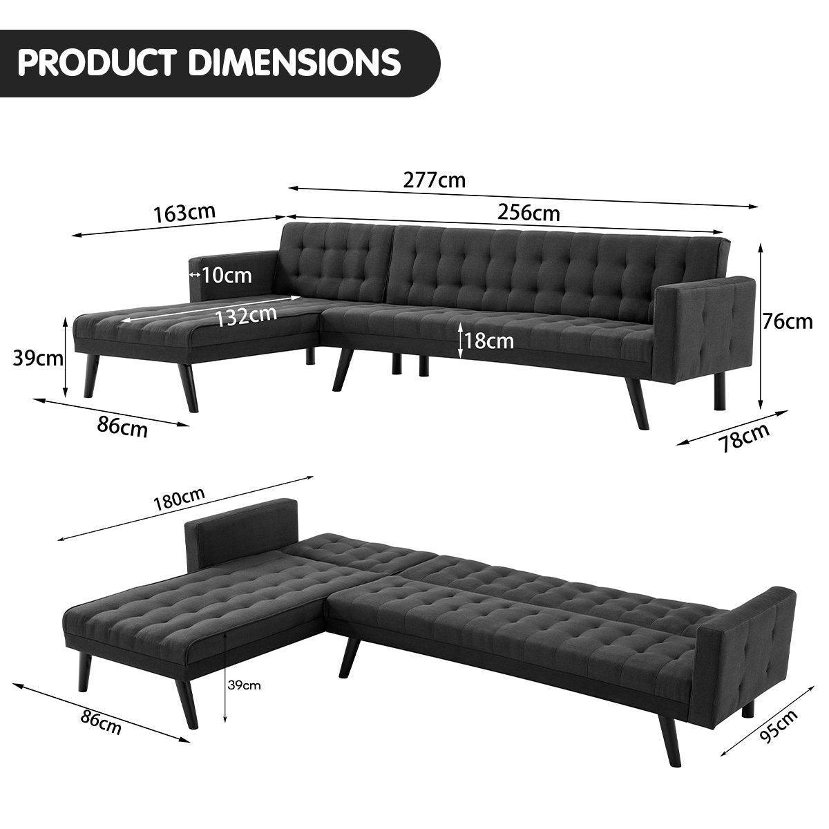 Sarantino 3-Seater Corner Wooden Sofa Bed Lounge Chaise Sofa Black - John Cootes