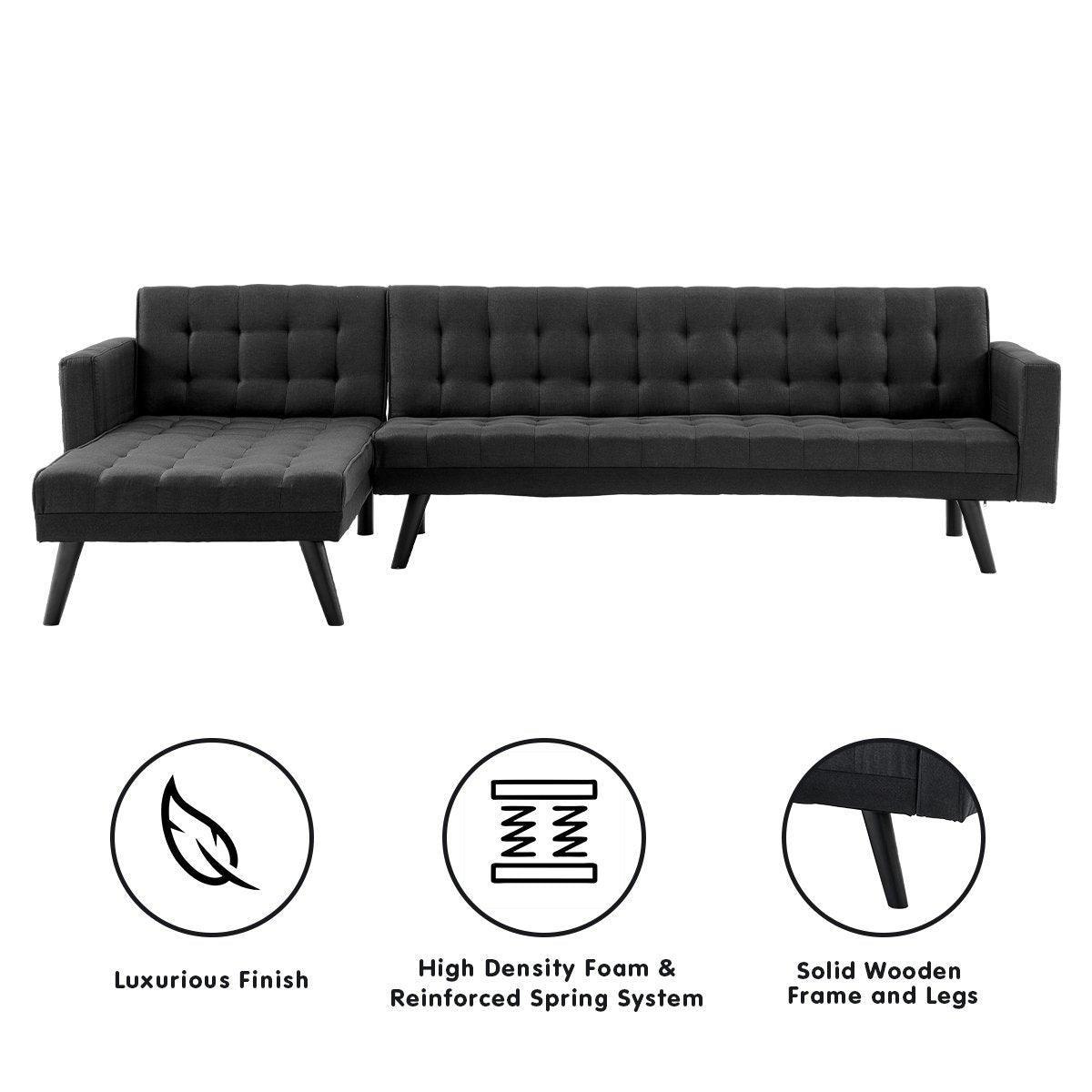 Sarantino 3-Seater Corner Wooden Sofa Bed Lounge Chaise Sofa Black - John Cootes