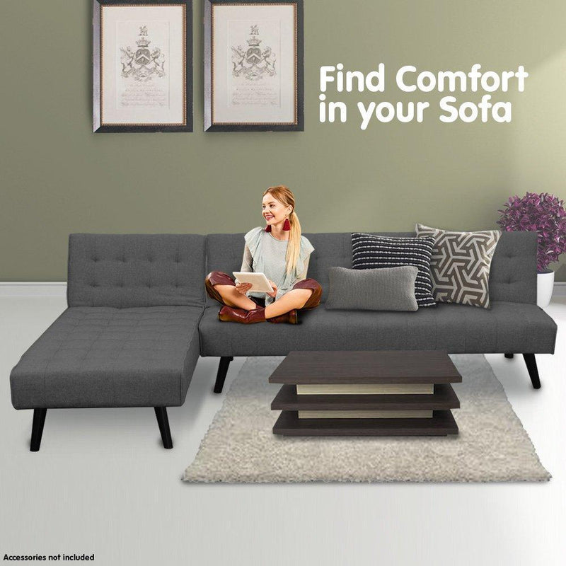Sarantino 3-Seater Corner Wooden Sofa Bed Lounge Chaise Sofa Dark Grey - John Cootes