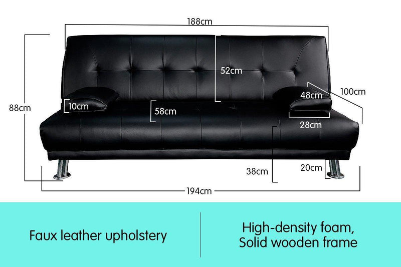 Sarantino 3 Seater Faux Leather Sofa Bed Couch Lounge Futon - Black - John Cootes
