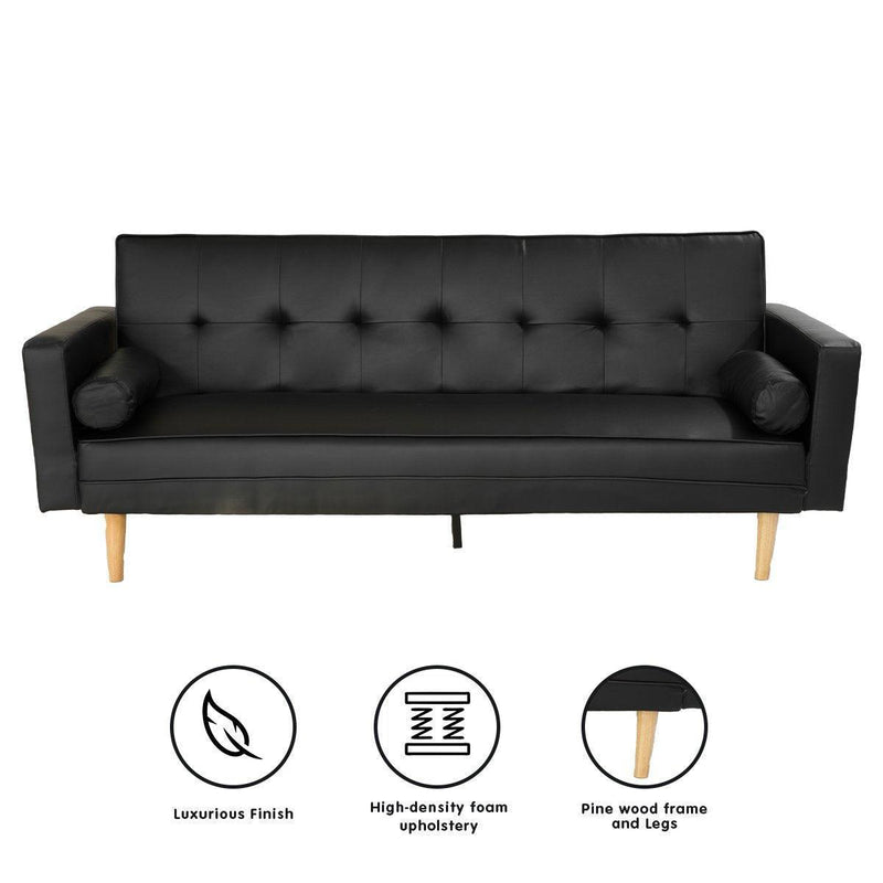 Sarantino 3 Seater Faux Leather Sofa Bed Couch with Pillows - Black - John Cootes
