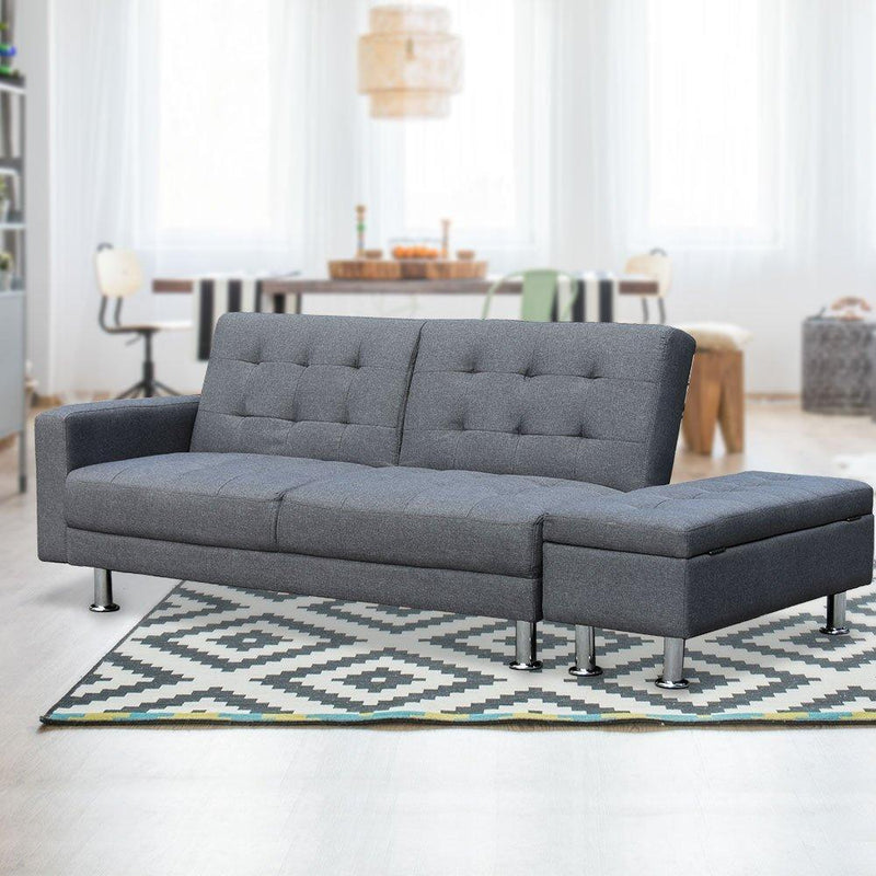 Sarantino 3 Seater Linen Sofa Bed Couch with Storage Ottoman - Grey - John Cootes