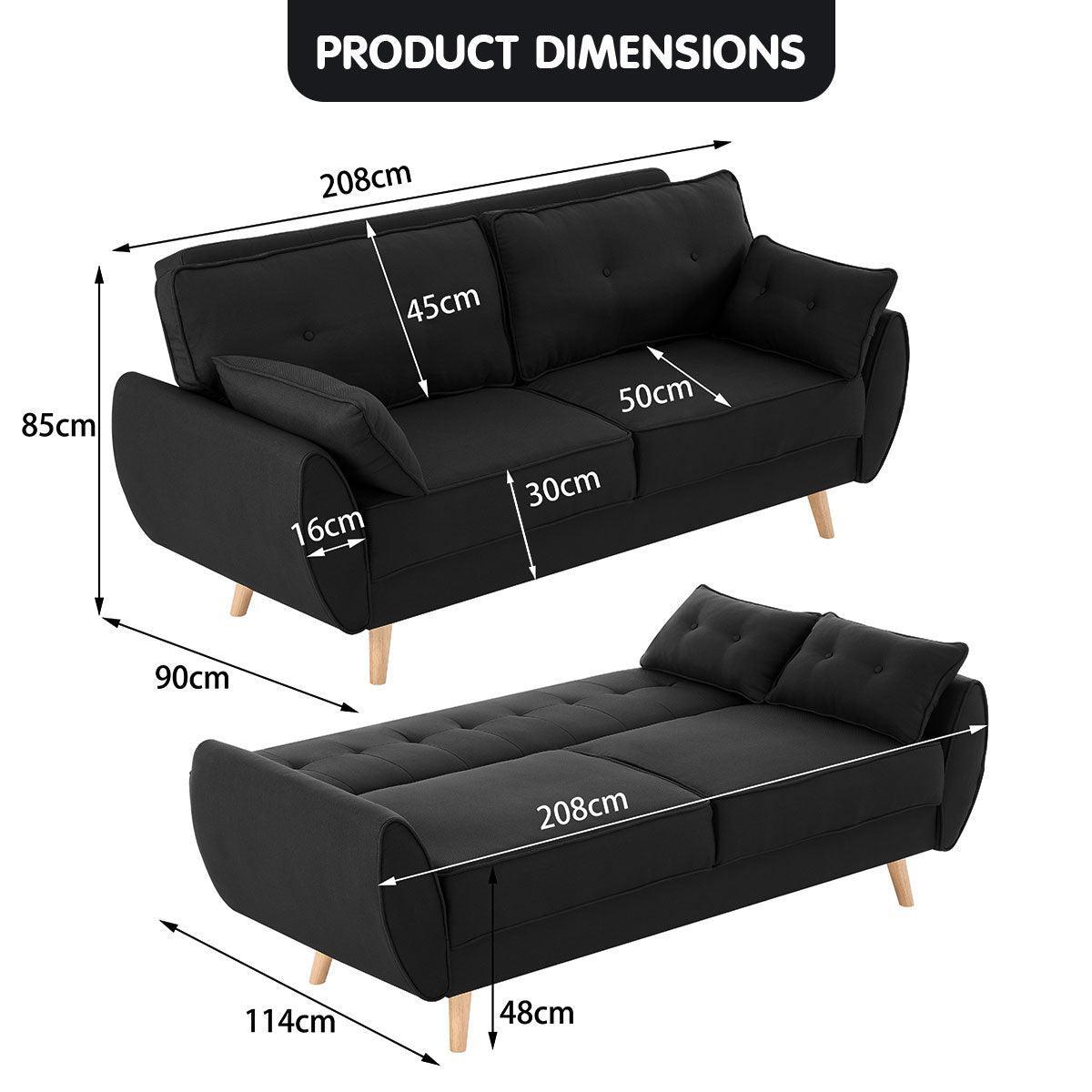 Sarantino 3 Seater Modular Linen Fabric Sofa Bed Couch Futon - Black - John Cootes