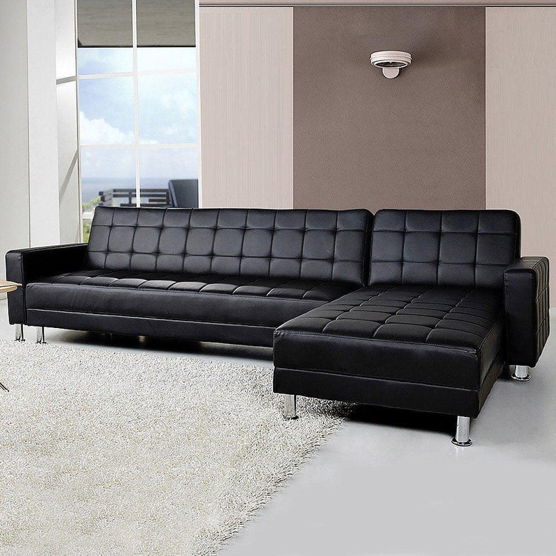 Sarantino Corner Faux Leather Sofa Bed Couch with Chaise - Black - John Cootes