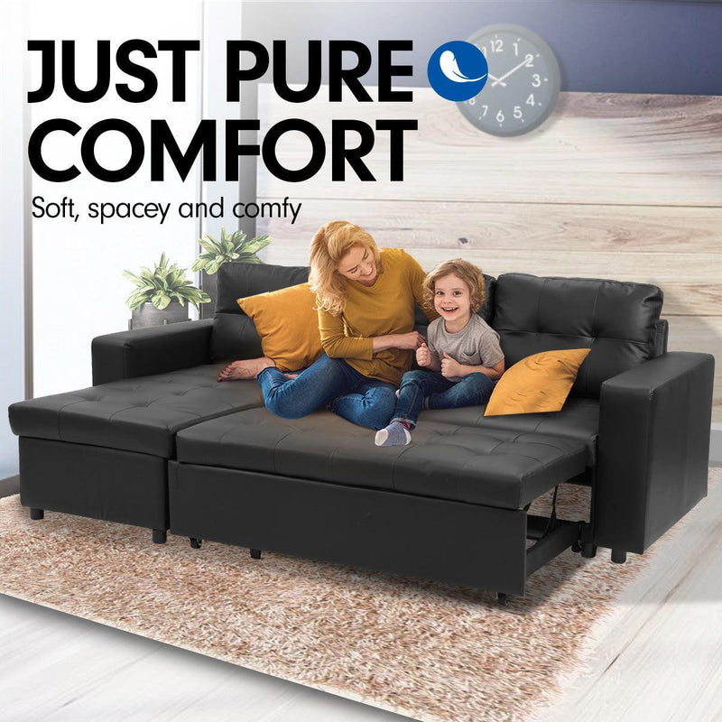 Sarantino Corner Sofa Bed Storage Chaise Couch Faux Leather Black - John Cootes