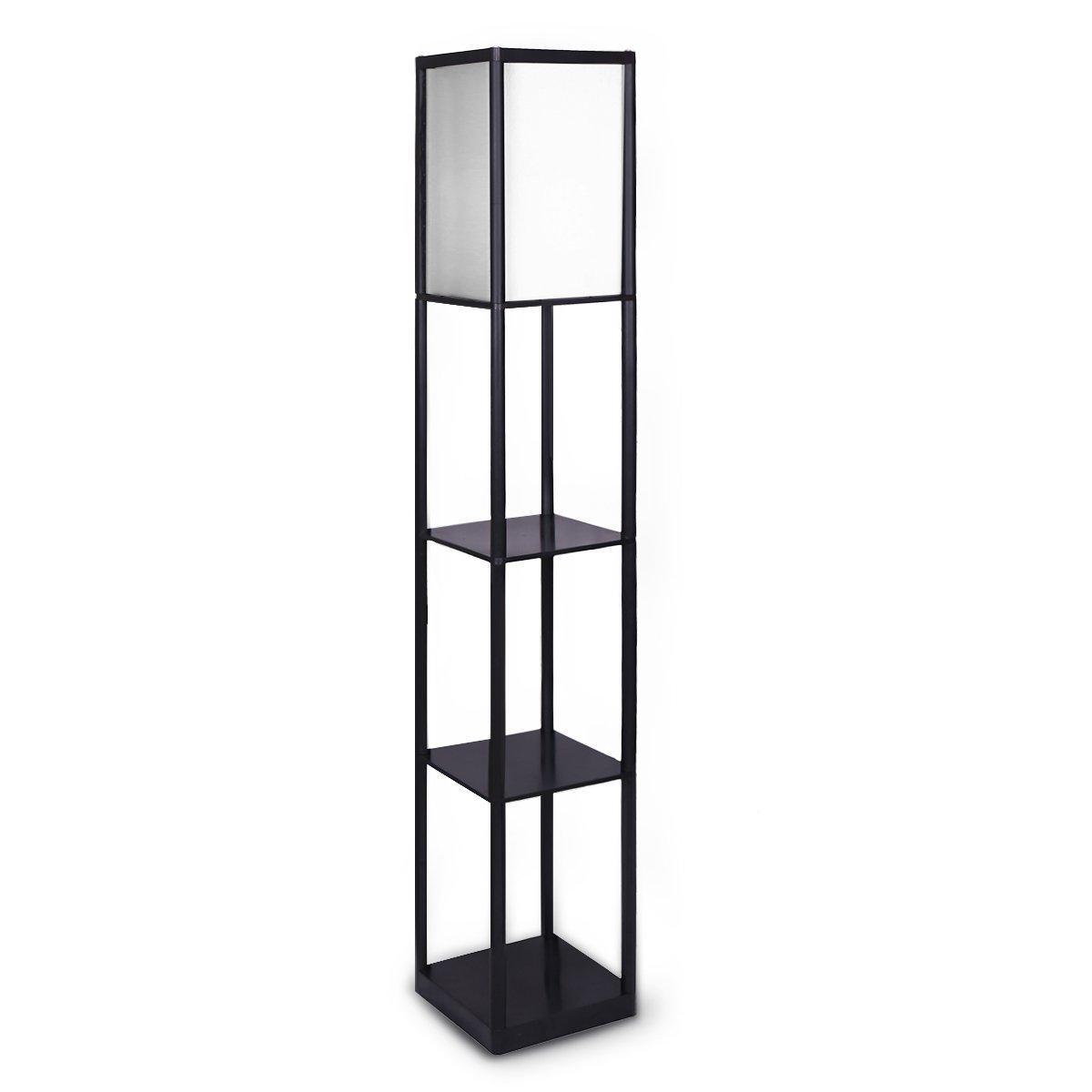 Sarantino Etagere Floor Lamp Shelves in Black Frame Fabric Shade - John Cootes