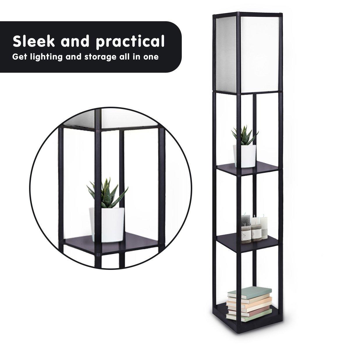 Sarantino Etagere Floor Lamp Shelves in Black Frame Fabric Shade - John Cootes