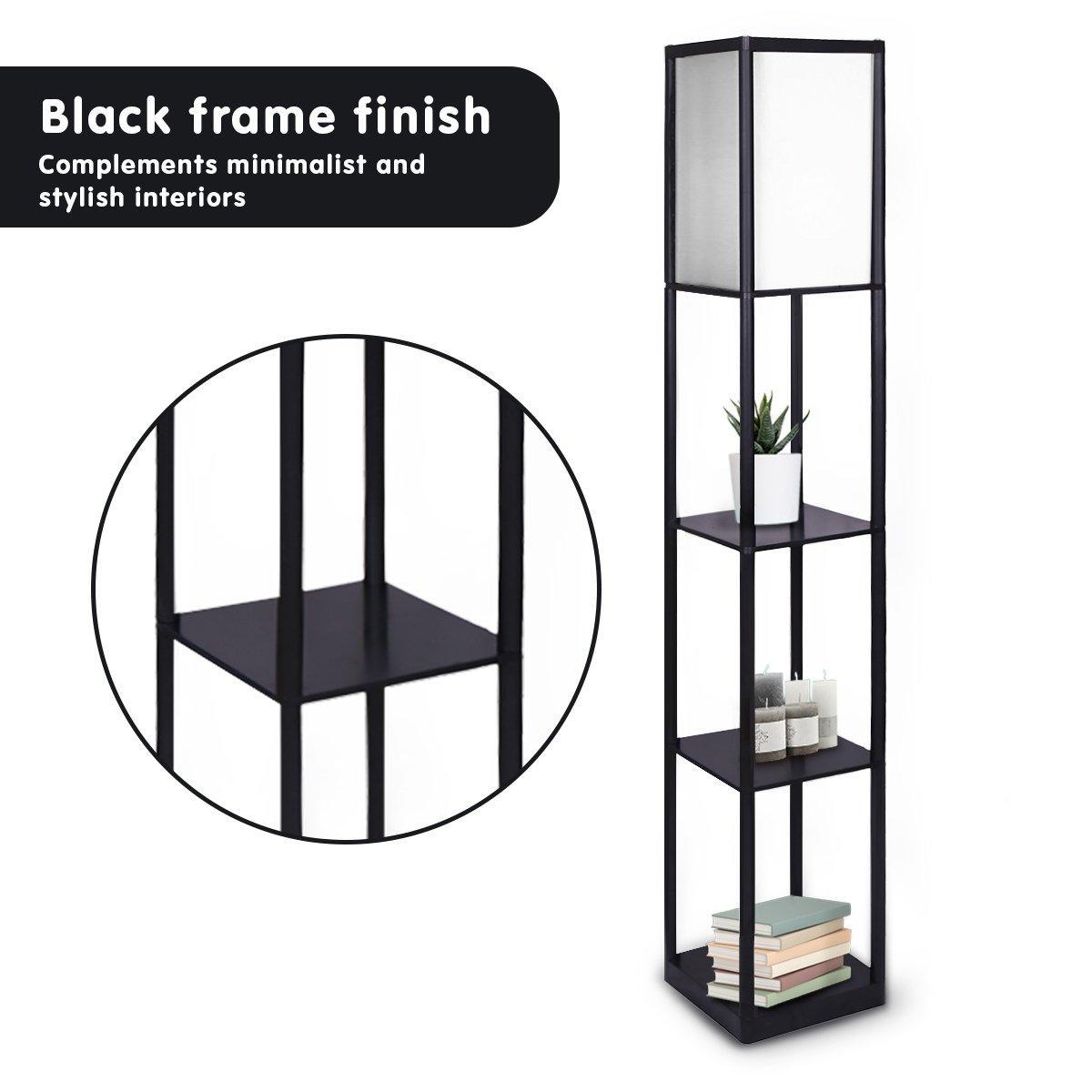 Sarantino Etagere Floor Lamp Shelves in Black Frame Fabric Shade - John Cootes