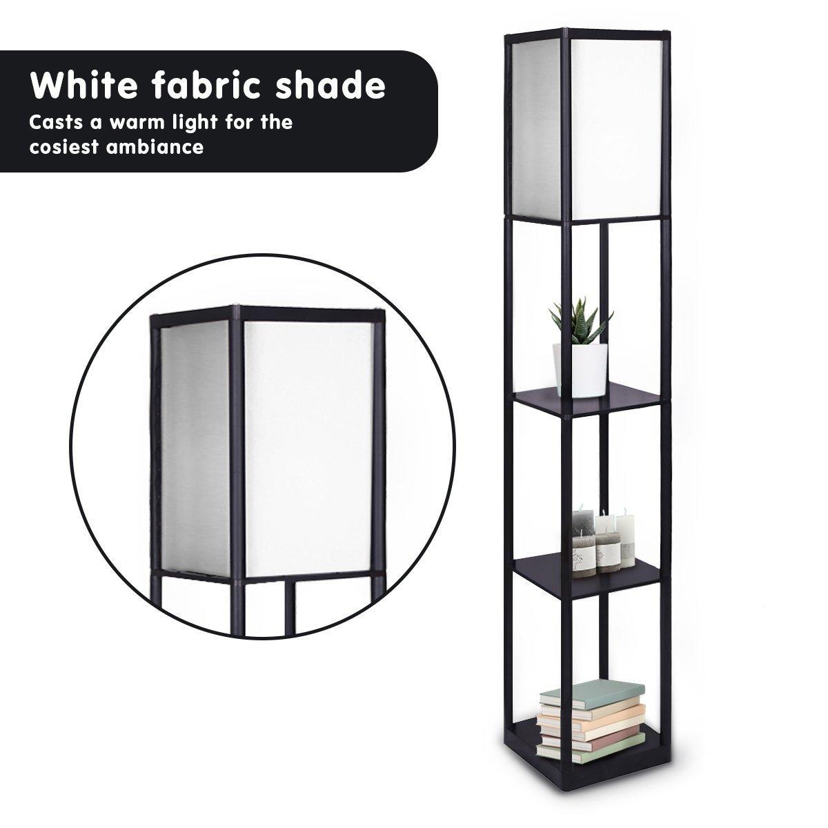 Sarantino Etagere Floor Lamp Shelves in Black Frame Fabric Shade - John Cootes