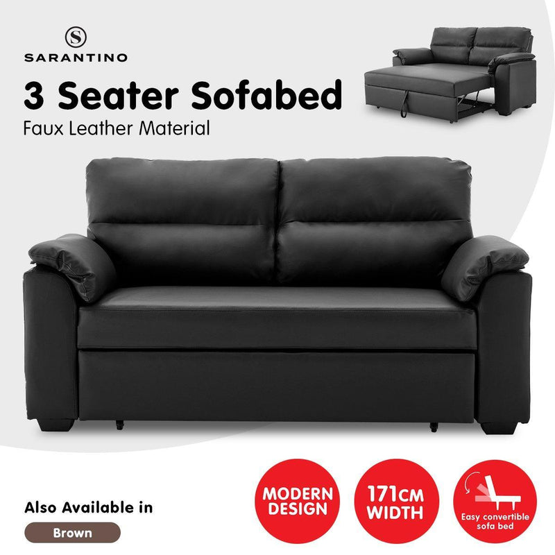 Sarantino Faux Leather Sofa Bed Couch Lounge - Black - John Cootes