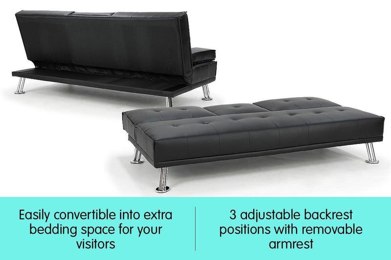 Sarantino Faux Leather Sofa Bed Lounge Furniture - Black - John Cootes