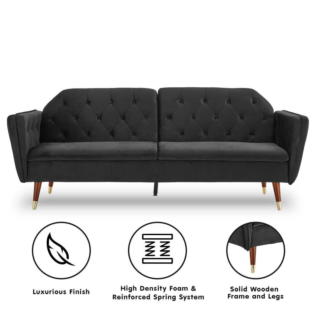 Sarantino Faux Velvet Tufted Sofa Bed Couch Futon - Black - John Cootes