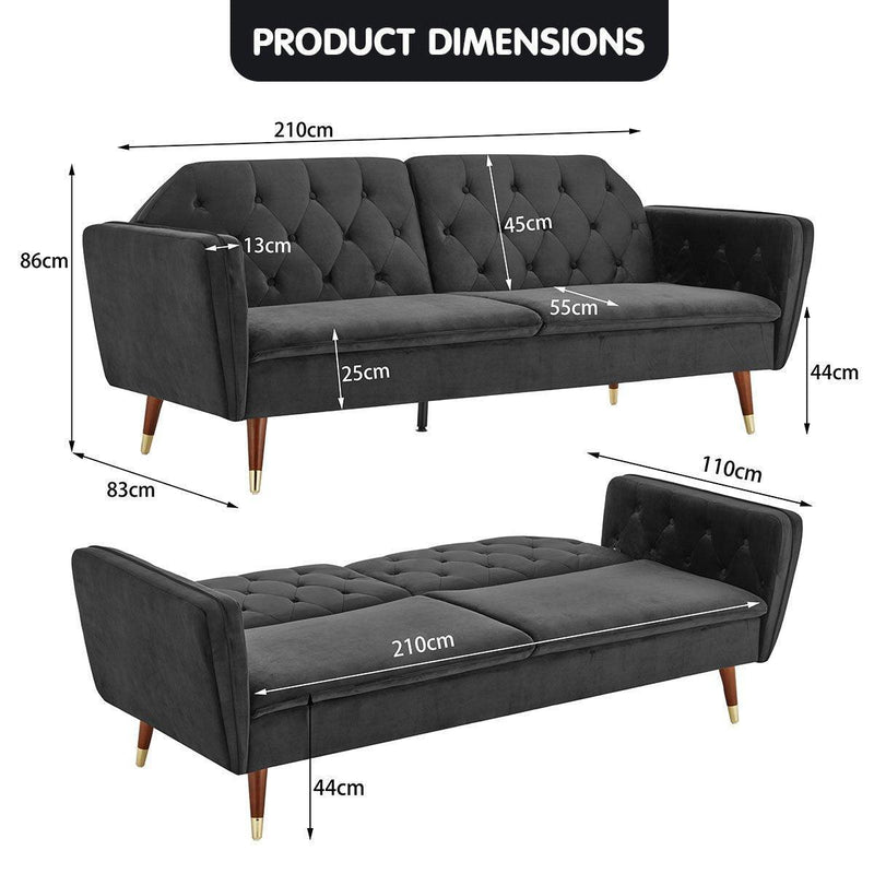 Sarantino Faux Velvet Tufted Sofa Bed Couch Futon - Black - John Cootes