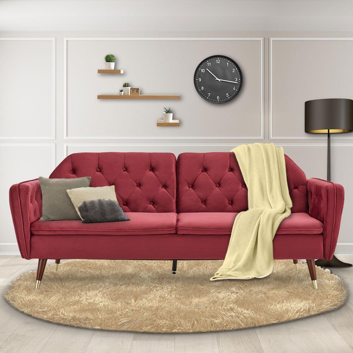 Sarantino Faux Velvet Tufted Sofa Bed Couch Futon - Burgundy - John Cootes