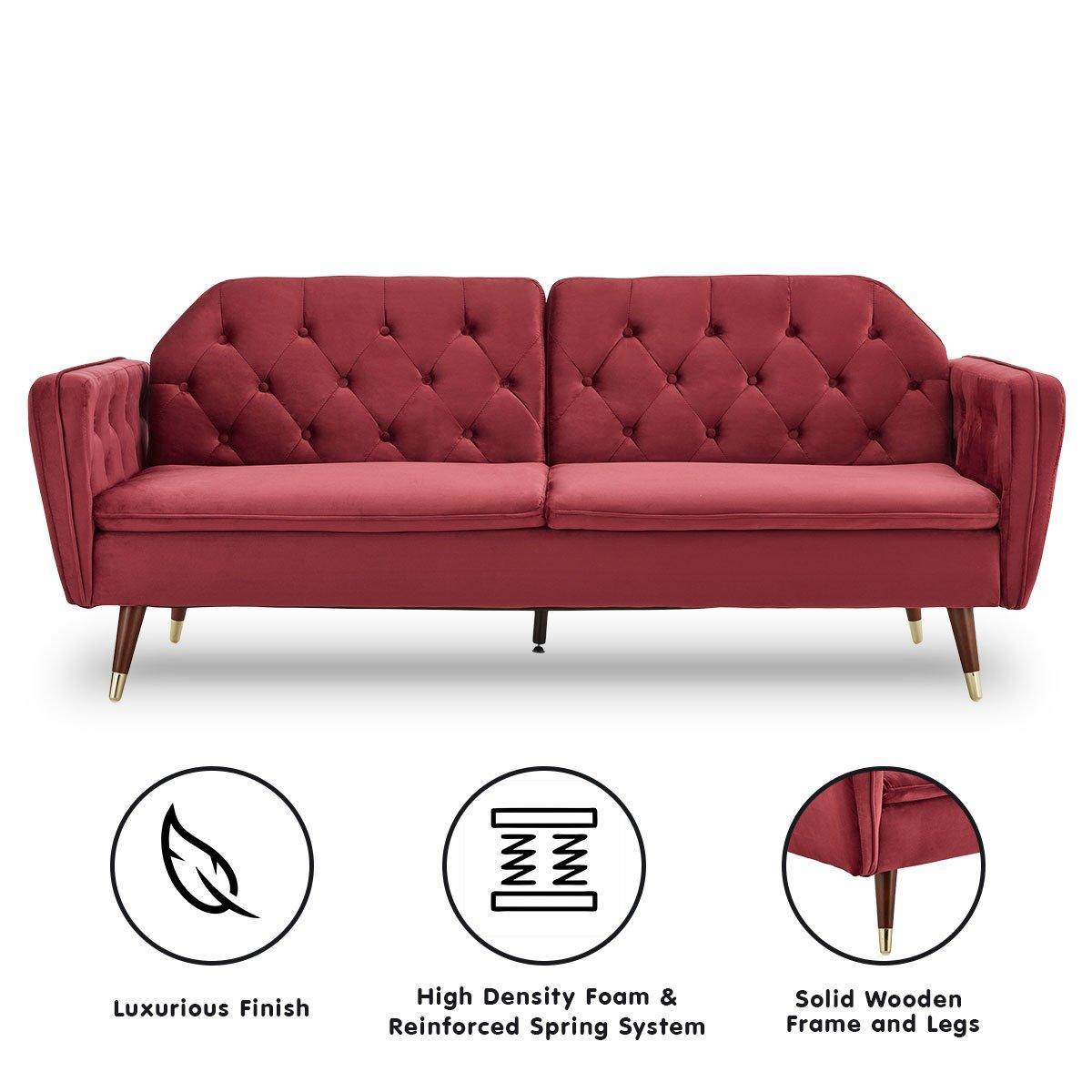 Sarantino Faux Velvet Tufted Sofa Bed Couch Futon - Burgundy - John Cootes