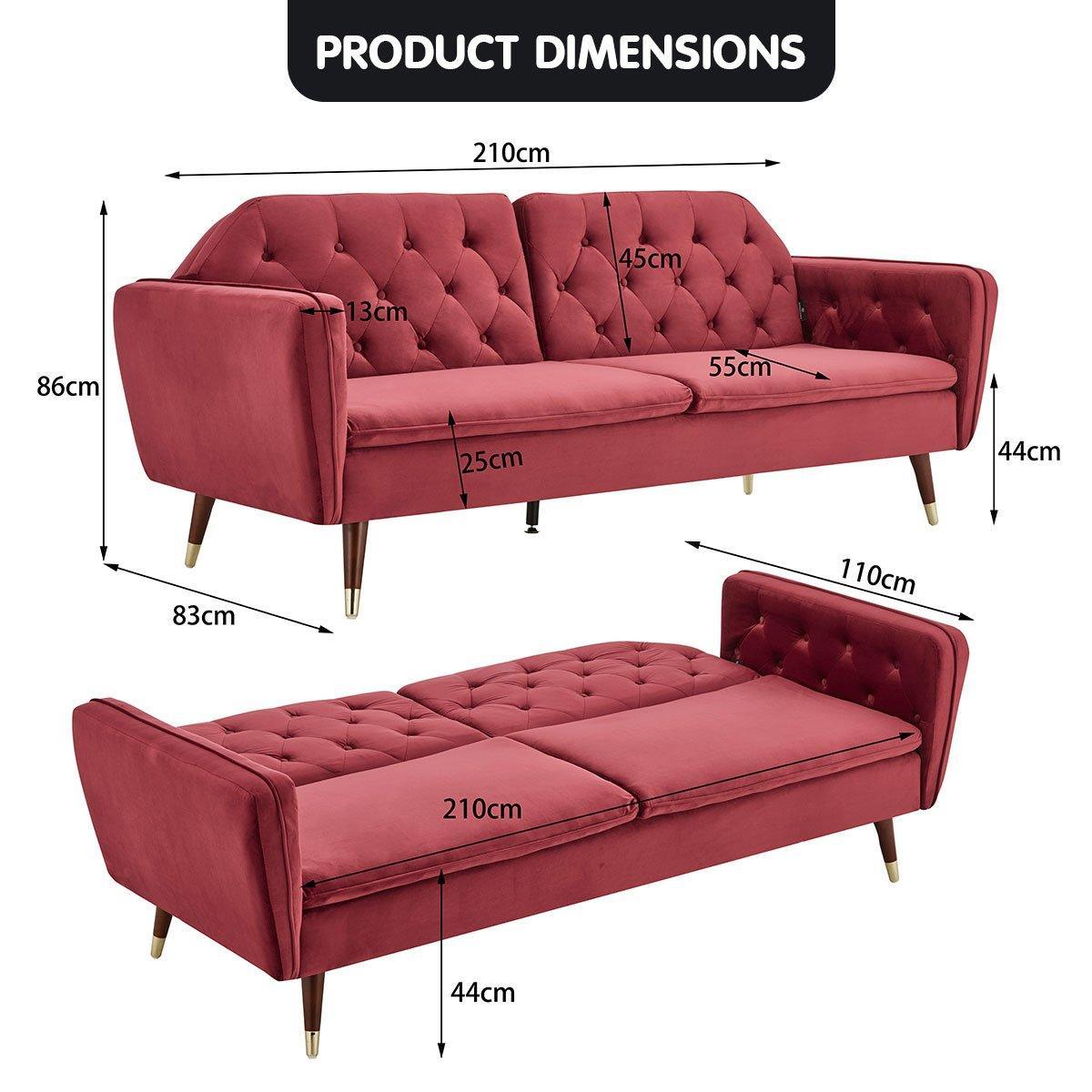 Sarantino Faux Velvet Tufted Sofa Bed Couch Futon - Burgundy - John Cootes