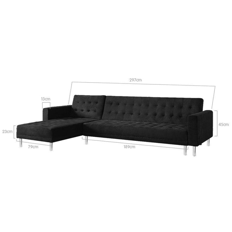 Sarantino Faux Velveteen Corner Wooden Sofa Bed Couch w/ Chaise Black - John Cootes