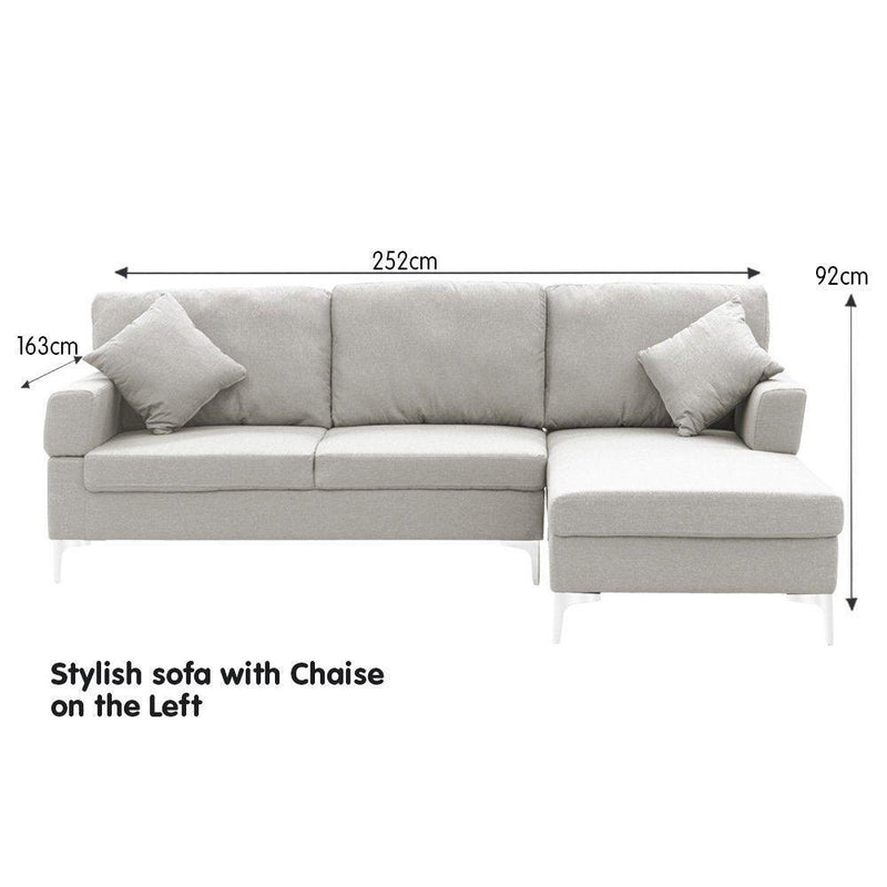 Sarantino Linen Corner Sofa Couch Lounge L-shape w/ Left Chaise L.Grey - John Cootes
