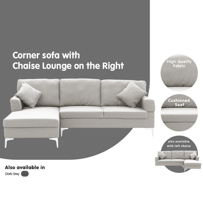 Sarantino Linen Corner Sofa Couch Lounge with Chaise Seat Light Grey - John Cootes