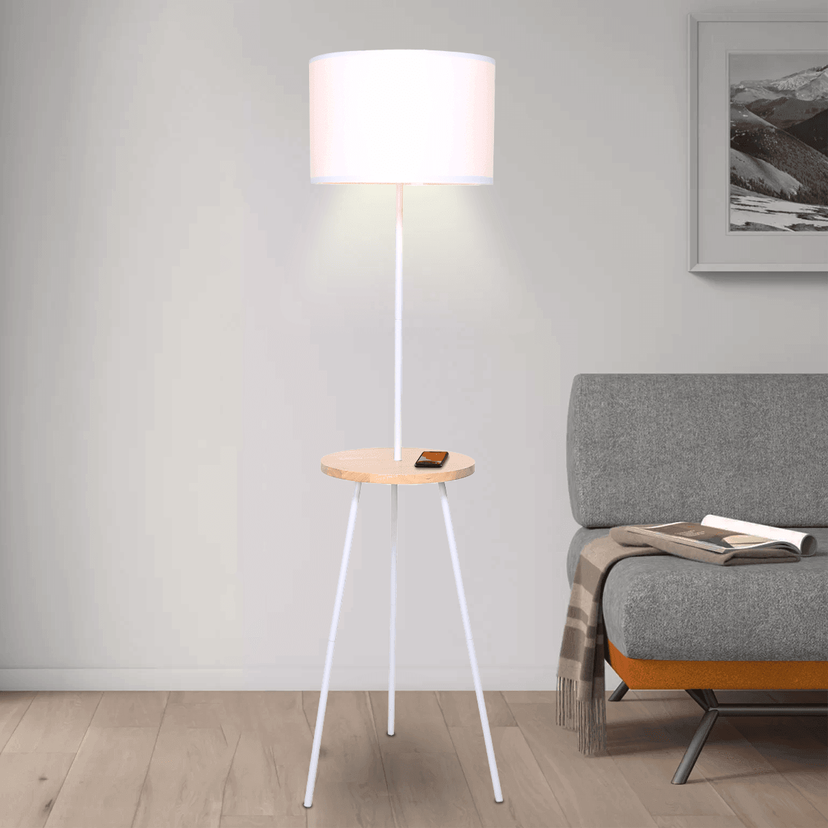 Sarantino Metal Tripod Floor Lamp Shade with Wooden Table Shelf - John Cootes