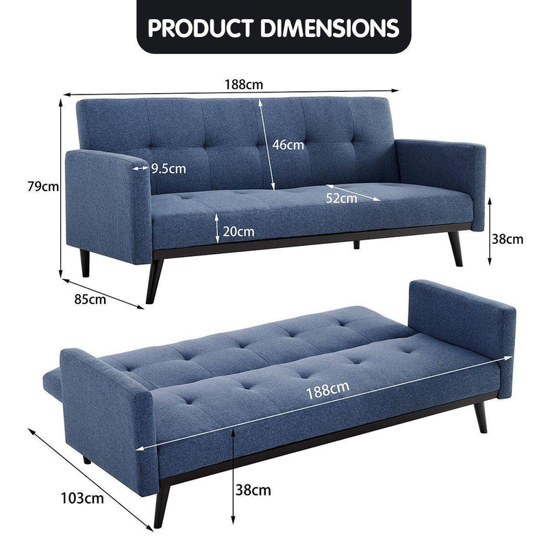 Sarantino Tufted Faux Linen 3-Seater Sofa Bed with Armrests - Blue - John Cootes