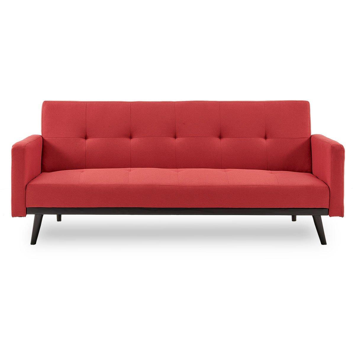 Sarantino Tufted Faux Linen 3-Seater Sofa Bed with Armrests - Red - John Cootes