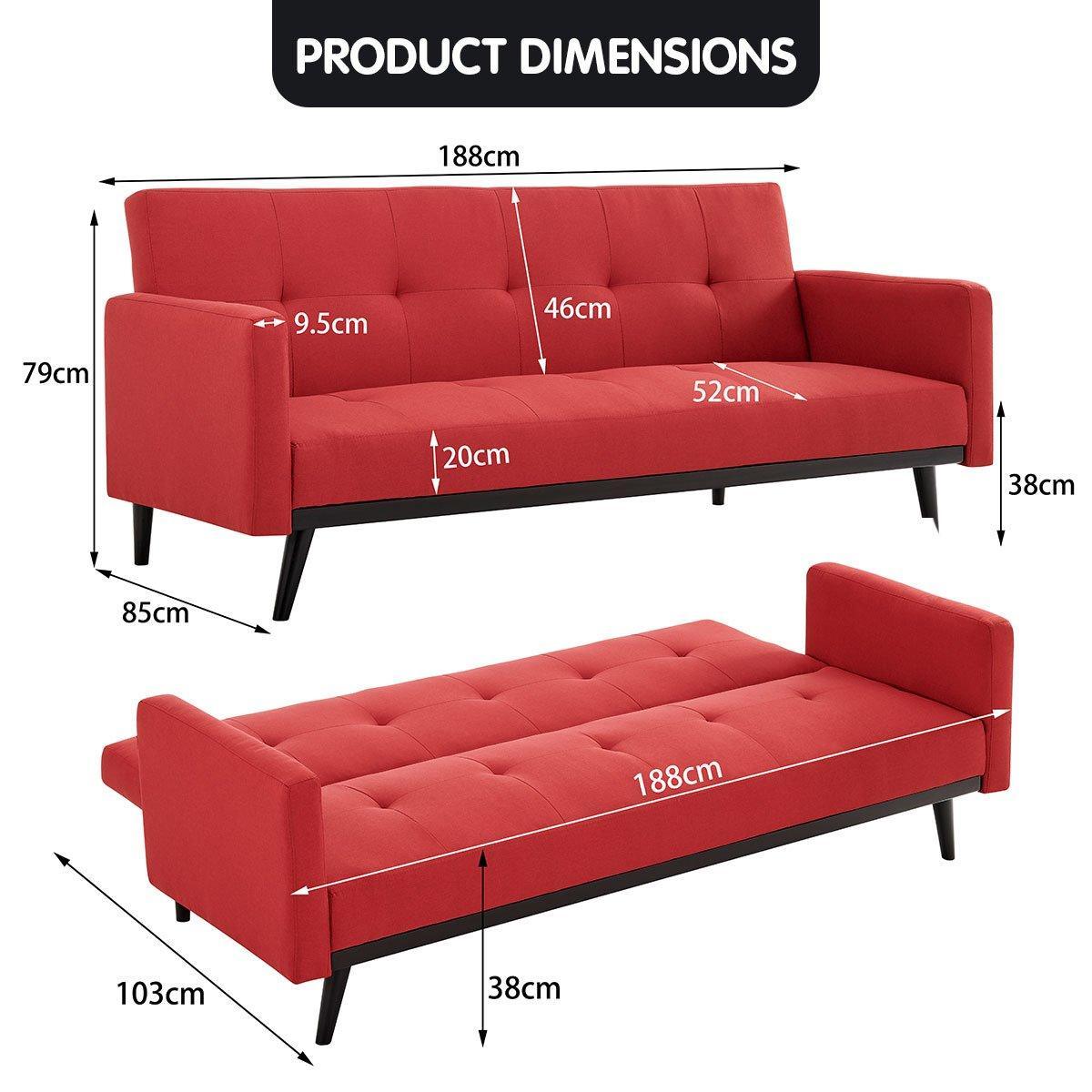 Sarantino Tufted Faux Linen 3-Seater Sofa Bed with Armrests - Red - John Cootes