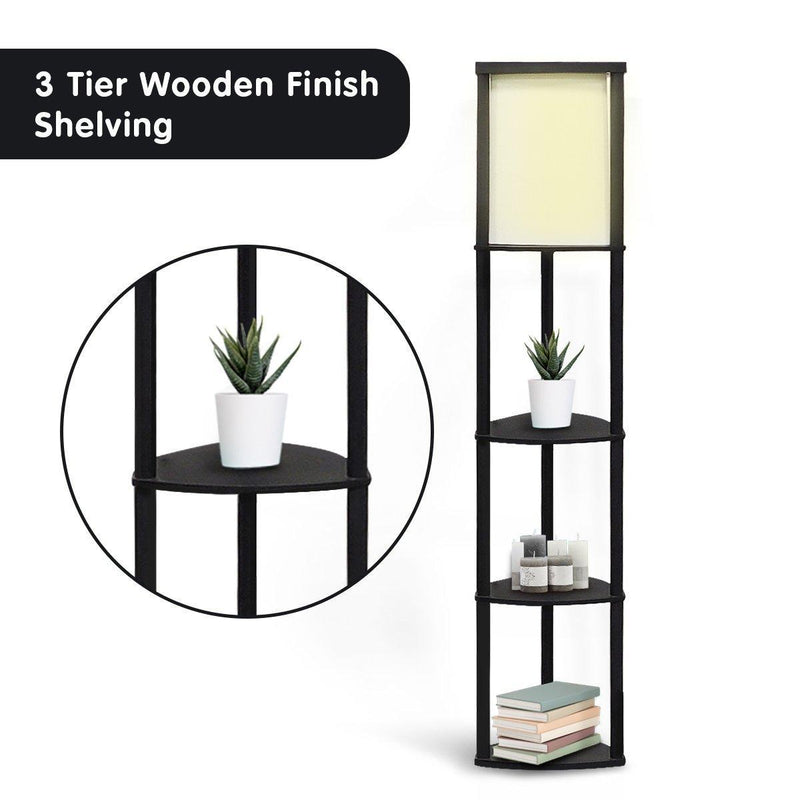 Sarantino Wood Etagere Floor Lamp in Tripod Shape 3 Wooden Shelves - John Cootes